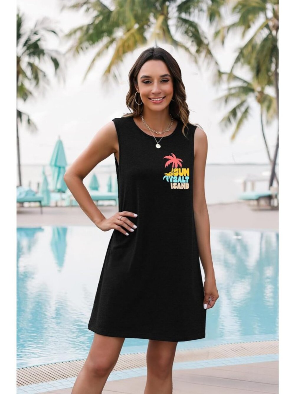 Women's Black Stylish Sleeveless Beach Vacation Sundress Short Tank Mini Dress - Picture 3 of 6